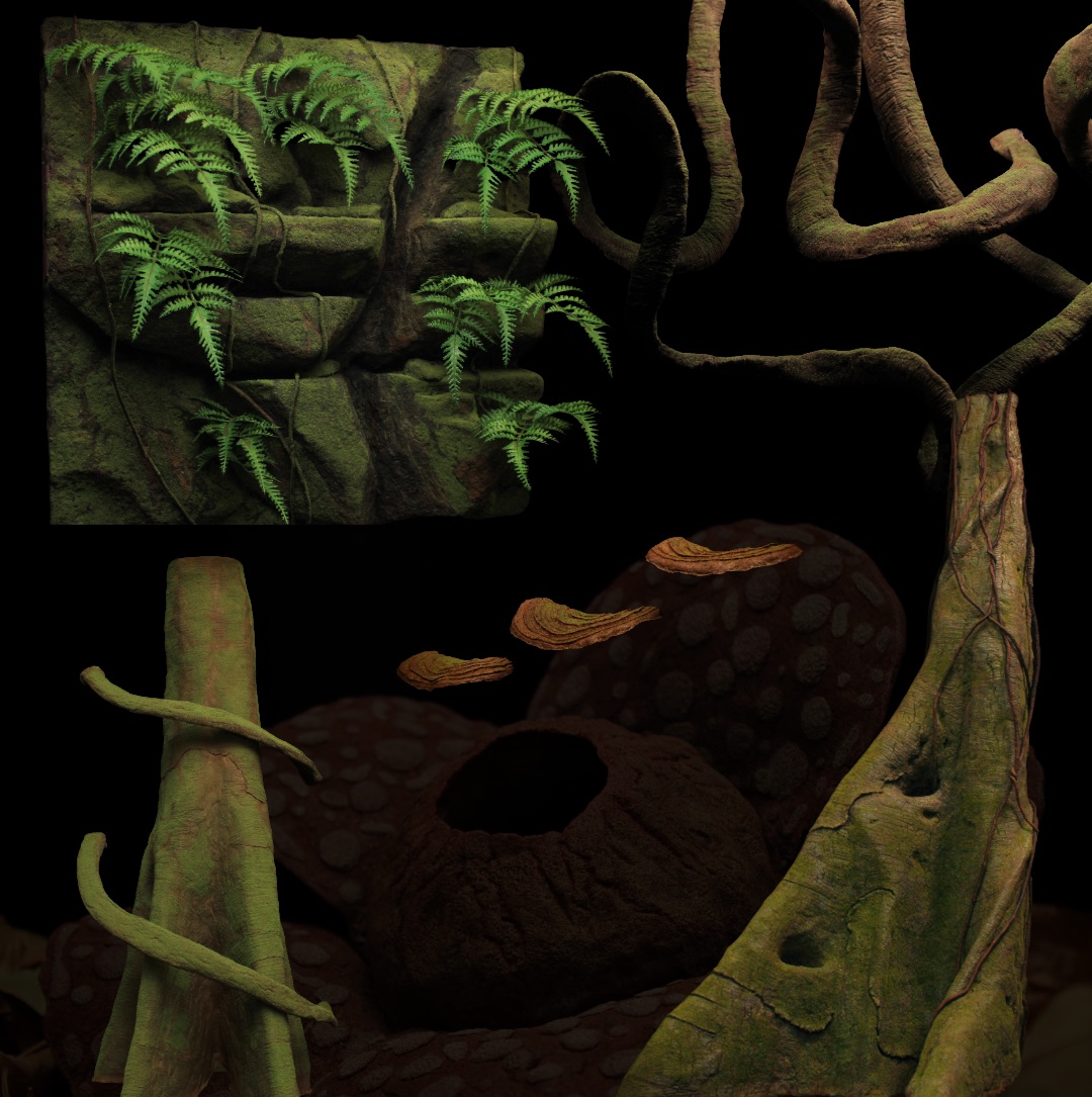 Handcrafted naturalistic inserts: fern-covered rock wall, vines, buttress roots, shelf fungi and a hollow log